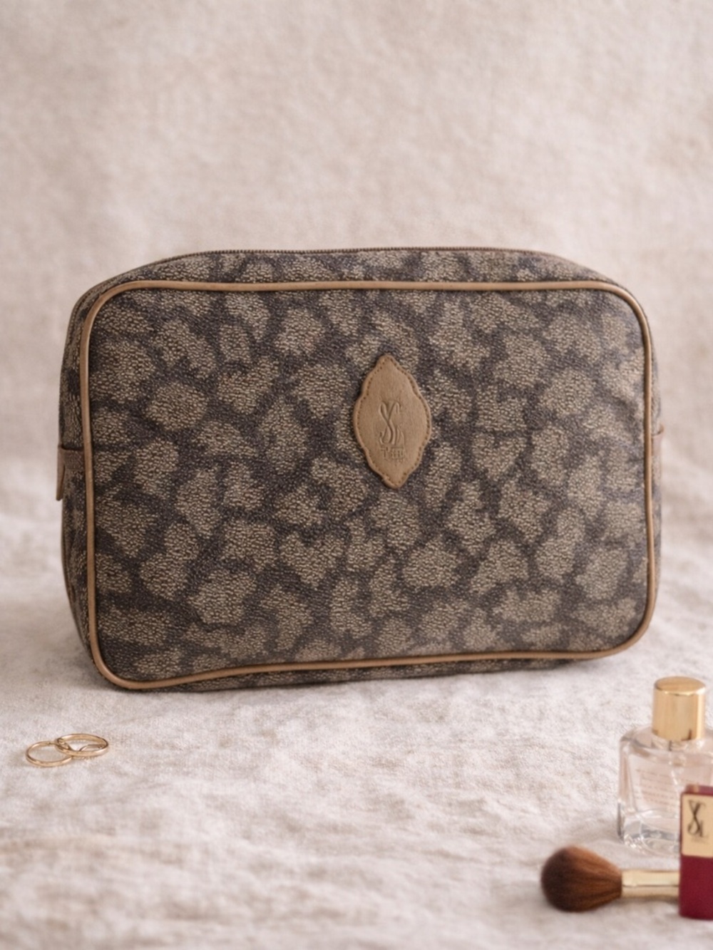 Yves Saint Laurent Vintage Cosmetic Pouch Tan Gray Monogram Travel Case YSL
